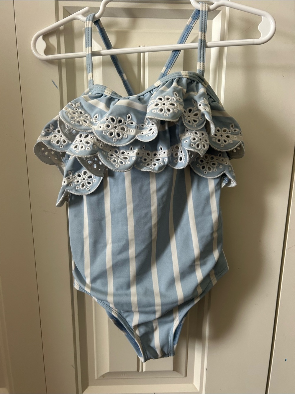 Janie and Jack Light Blue & White Striped Ruffle Swimsuit